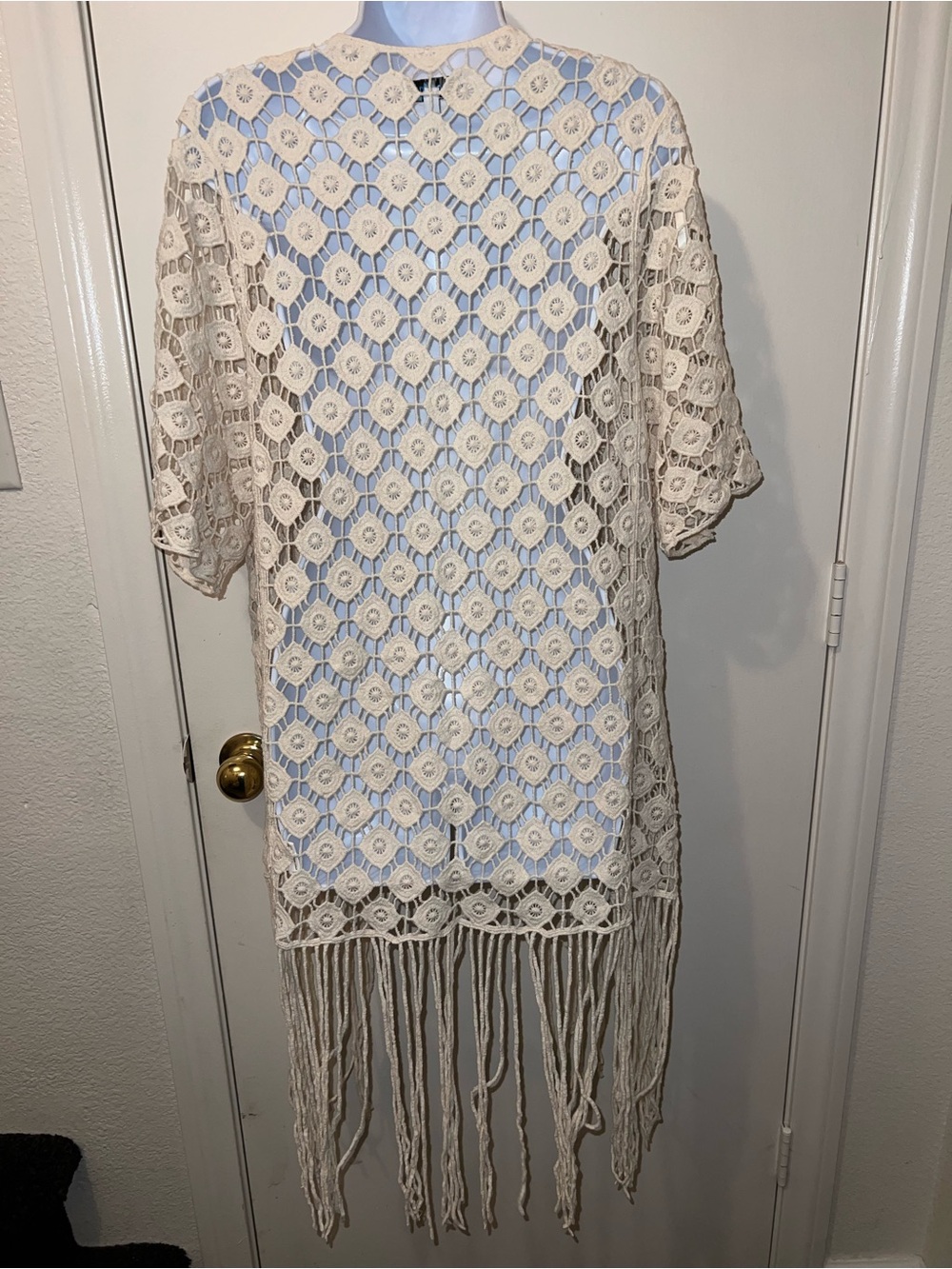 Rebellion Cream Crochet Fringe Kimono Cover-Up - Picture 3 of 4
